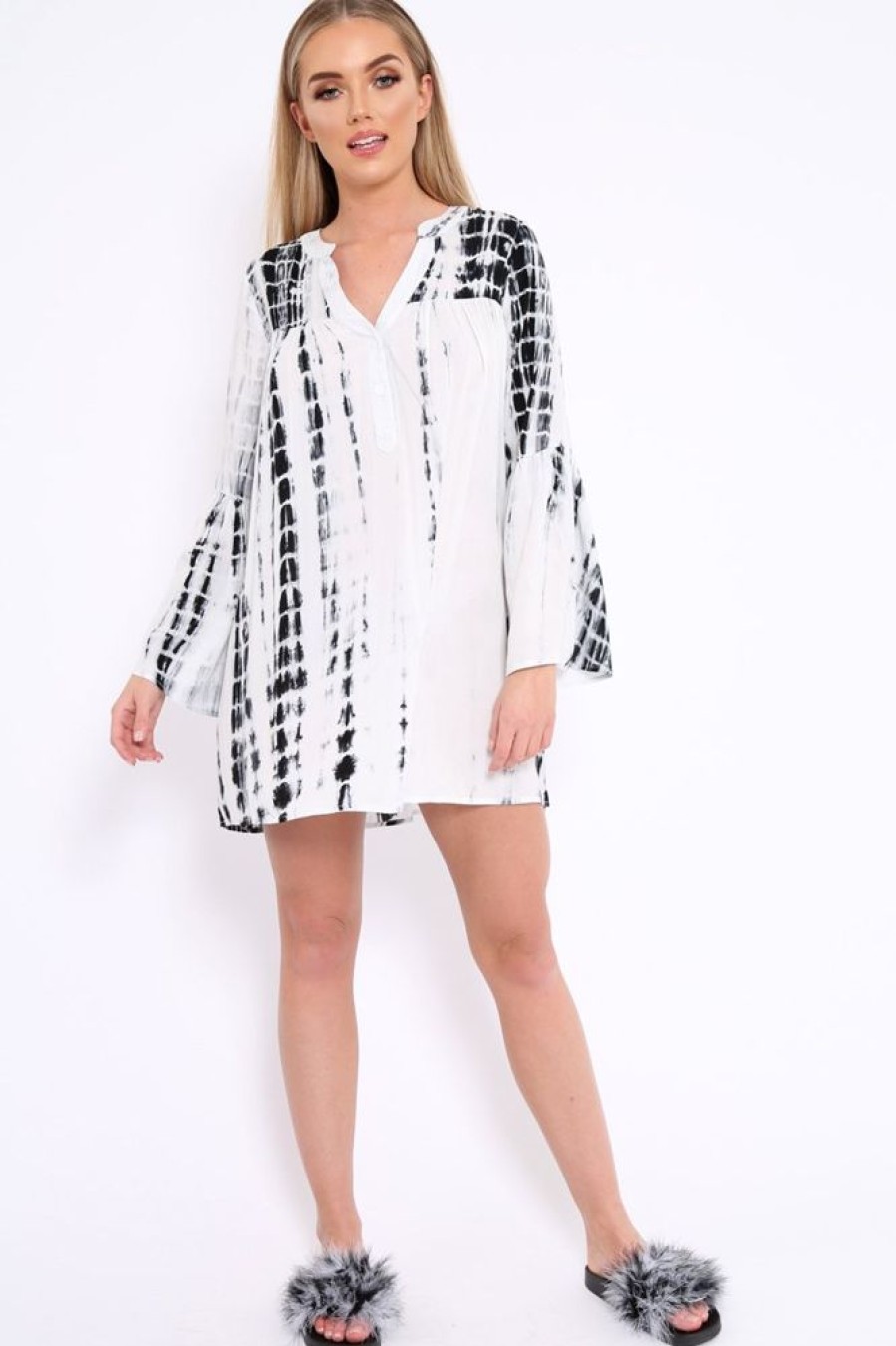 Clothing Rebellious Fashion | White And Black Tie Dye Smock Dress - Peony