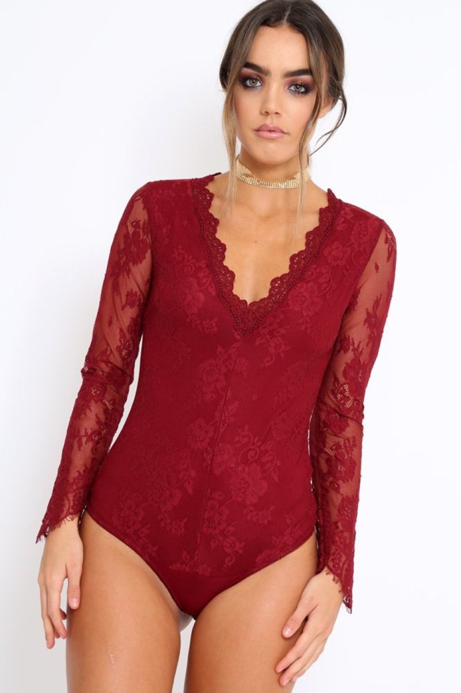 Clothing Rebellious Fashion | Wine Plunge Lace Bodysuit - Adele