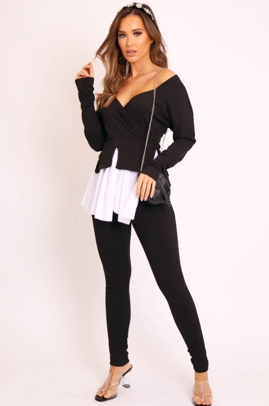 Clothing Rebellious Fashion | Black Plunge Shirt Insert Top Legging Co-Ord - Destine