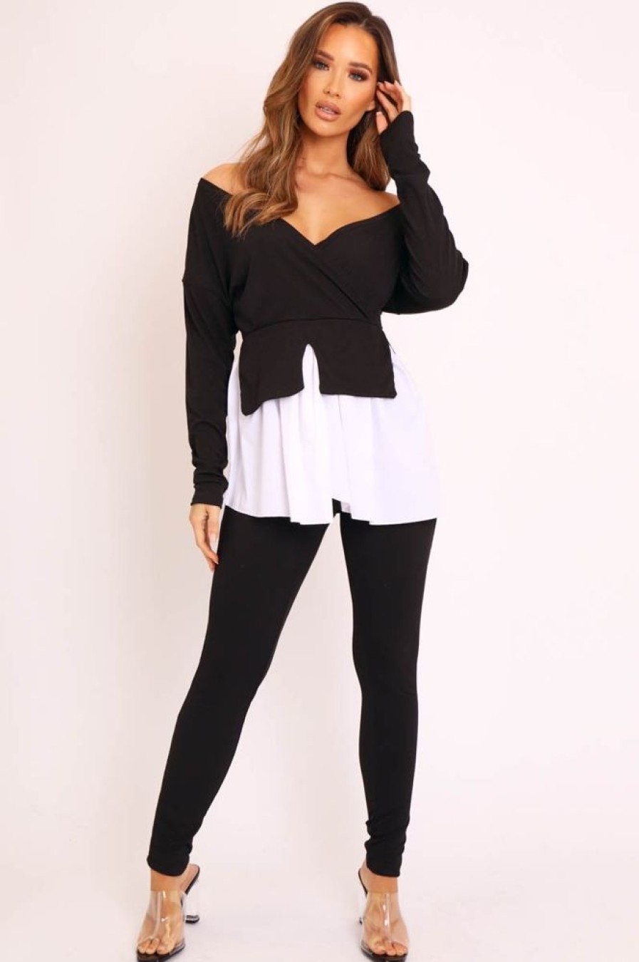 Clothing Rebellious Fashion | Black Plunge Shirt Insert Top Legging Co-Ord - Destine