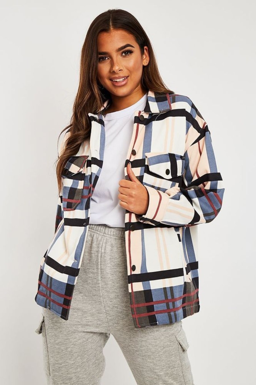 Clothing Rebellious Fashion | Blue Nude Check Pocket Front Shacket - Misa