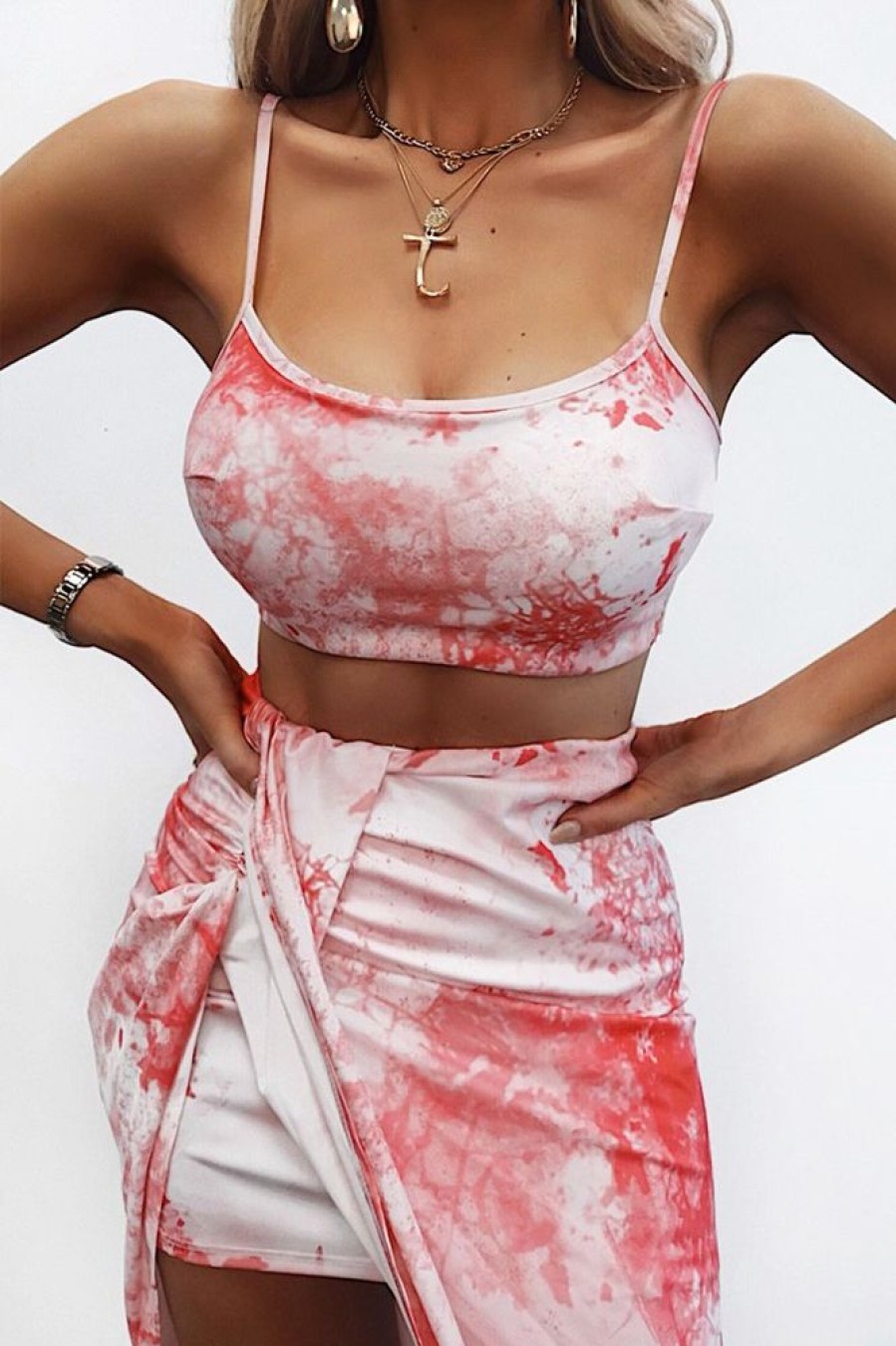 Clothing Rebellious Fashion | Pink Tie Dye Midi Skirt And Crop Top Co-Ord - Lisa