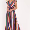 Clothing Rebellious Fashion | Multi Stripe Wrap Frill Sleeve Maxi Dress - Hyacinth