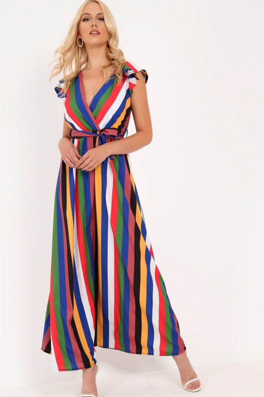 Clothing Rebellious Fashion | Multi Stripe Wrap Frill Sleeve Maxi Dress - Hyacinth