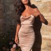 Clothing Rebellious Fashion | Nude Satin Cowl Neck Midi Bodycon Dress - Liliana