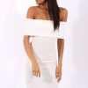 Clothing Rebellious Fashion | White Bardot Frill Open Back Midi Dress - Trish