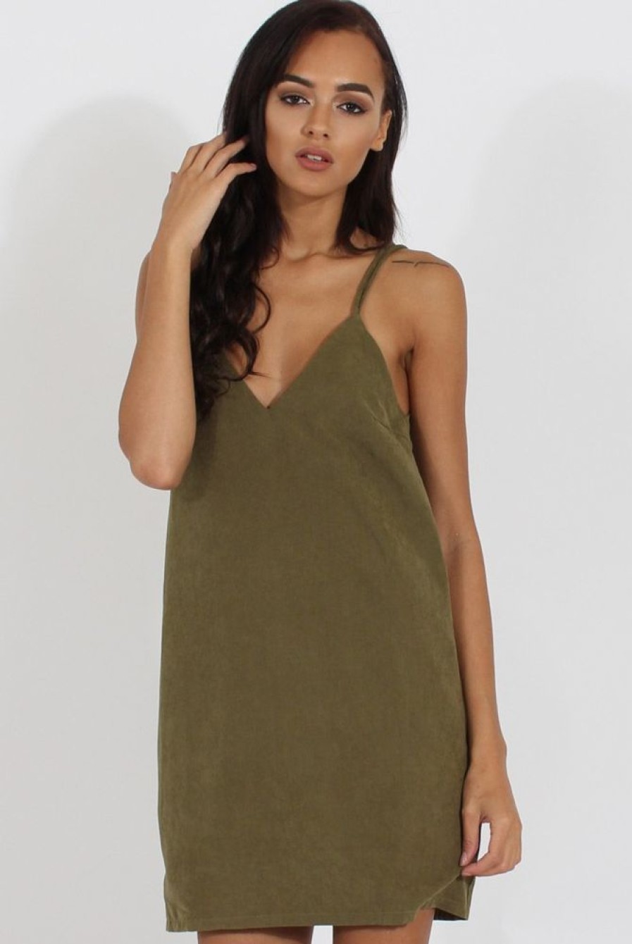 Clothing Rebellious Fashion | Green Faux Suede Strappy Back Slip Dress - Sylvie