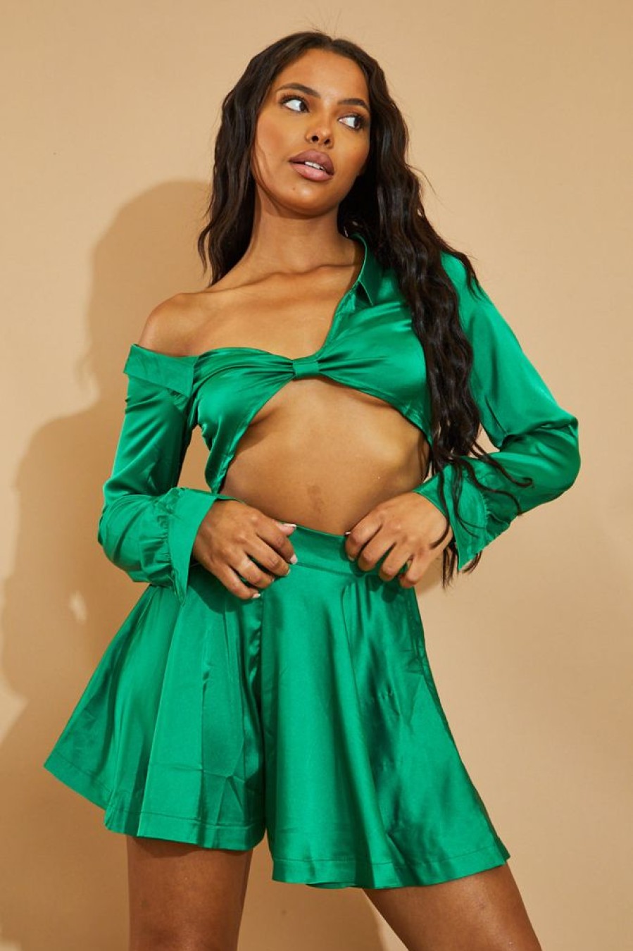 Clothing Rebellious Fashion | Green Satin Plunge Neck Crop Top - Esther