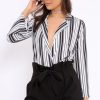 Clothing Rebellious Fashion | Black And White Striped Plunge Front Bodysuit - Dyanna