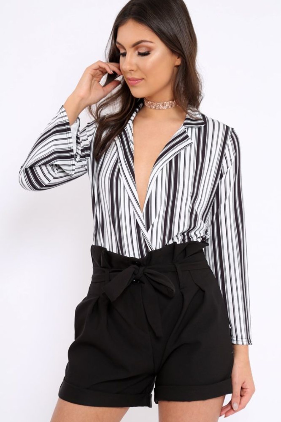 Clothing Rebellious Fashion | Black And White Striped Plunge Front Bodysuit - Dyanna