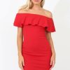 Clothing Rebellious Fashion | Red Bardot Frill Midi Dress - Lily