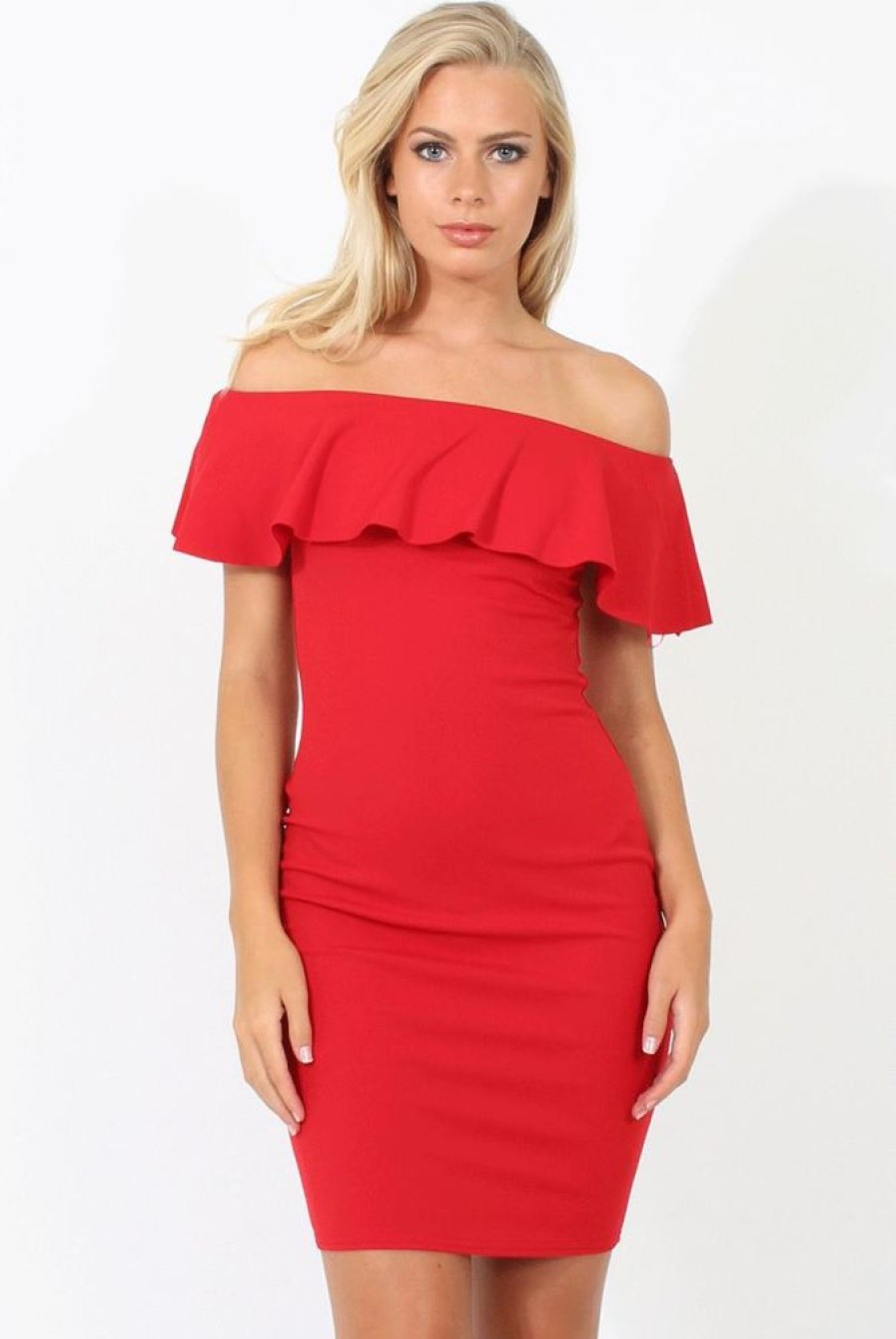 Clothing Rebellious Fashion | Red Bardot Frill Midi Dress - Lily