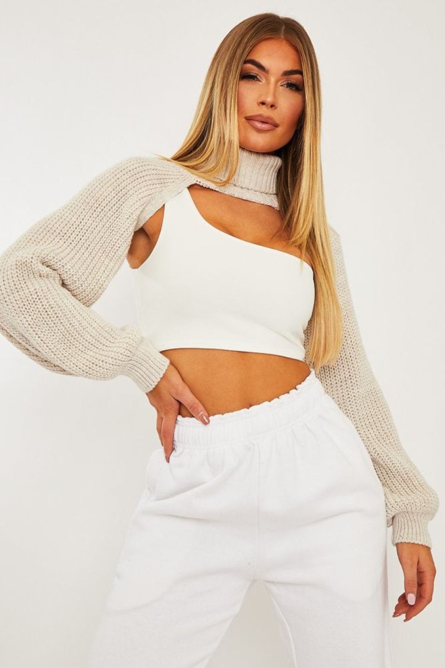 Clothing Rebellious Fashion | Beige Extreme Cut Out High Neck Jumper - Nihara