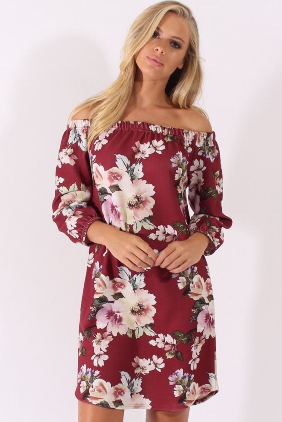 Clothing Rebellious Fashion | Wine Floral Print Bardot Dress - Cammi