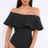 Clothing Rebellious Fashion | Black Striped Bardot Frill Bodysuit - Emmie