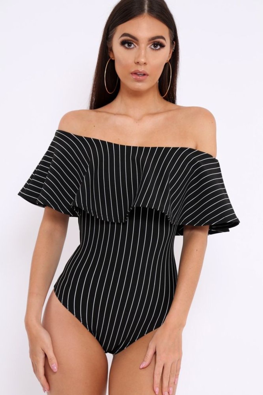 Clothing Rebellious Fashion | Black Striped Bardot Frill Bodysuit - Emmie