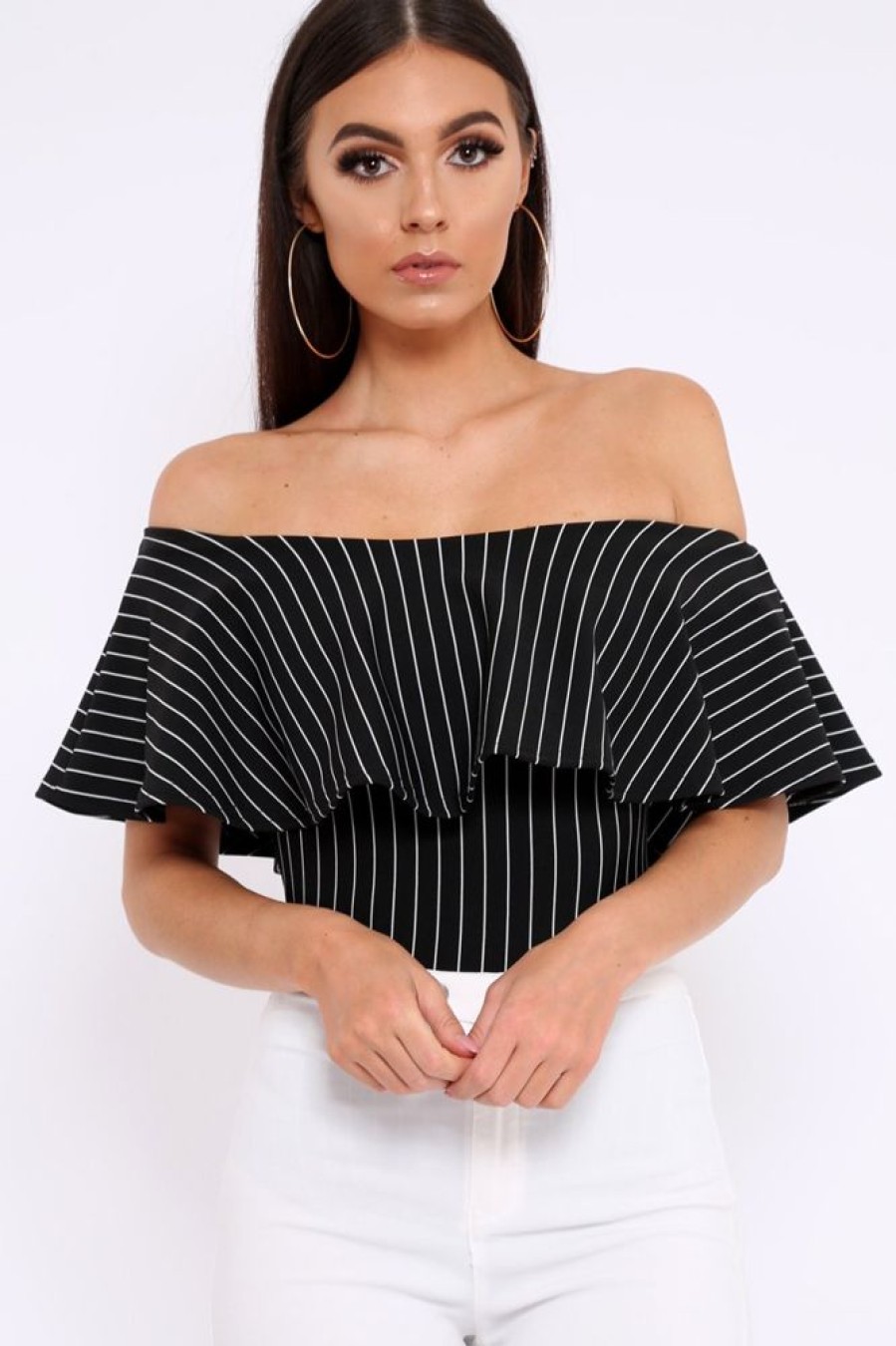 Clothing Rebellious Fashion | Black Striped Bardot Frill Bodysuit - Emmie