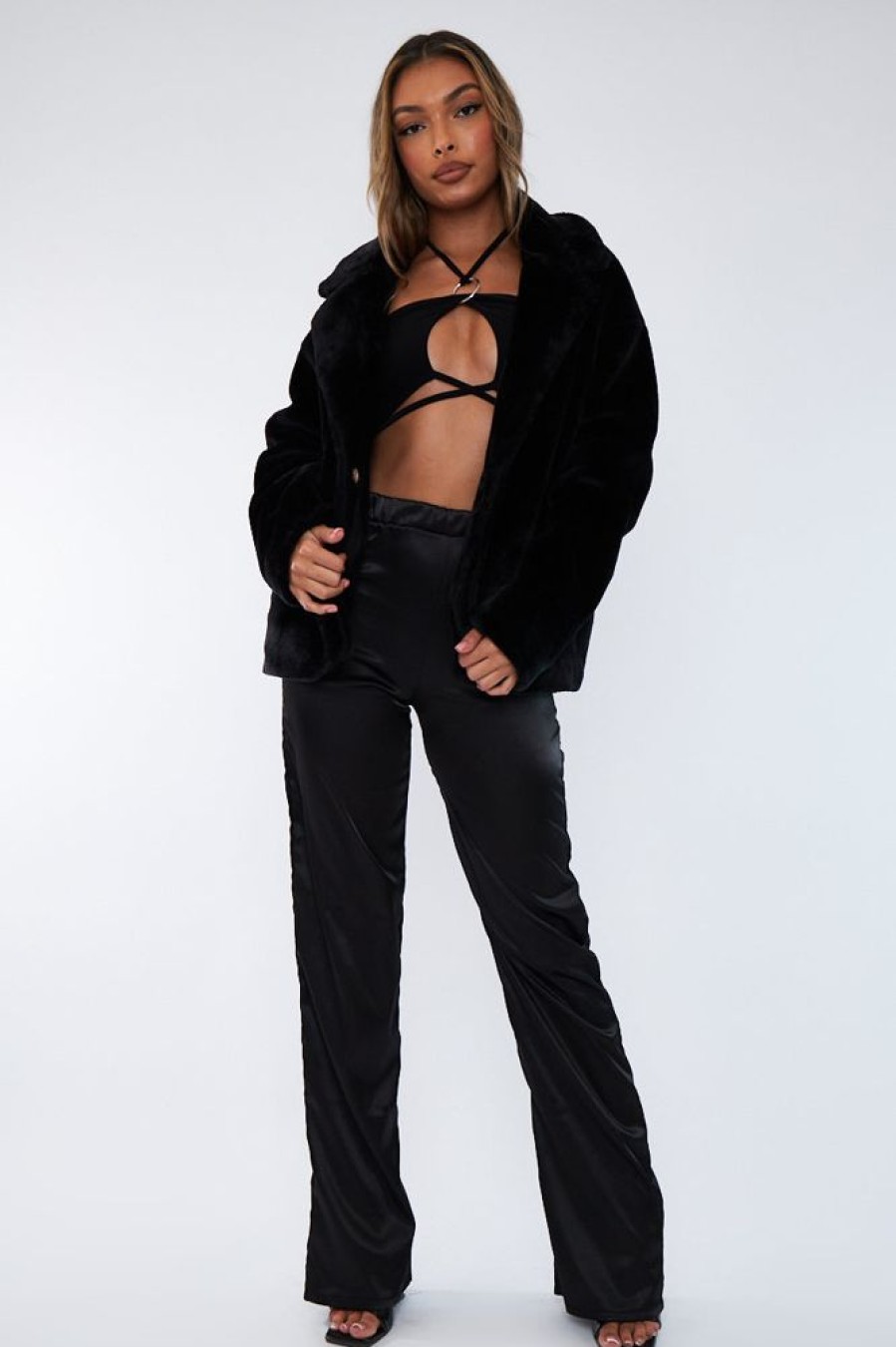 Clothing Rebellious Fashion | Black Cropped Faux Fur Coat - Janara