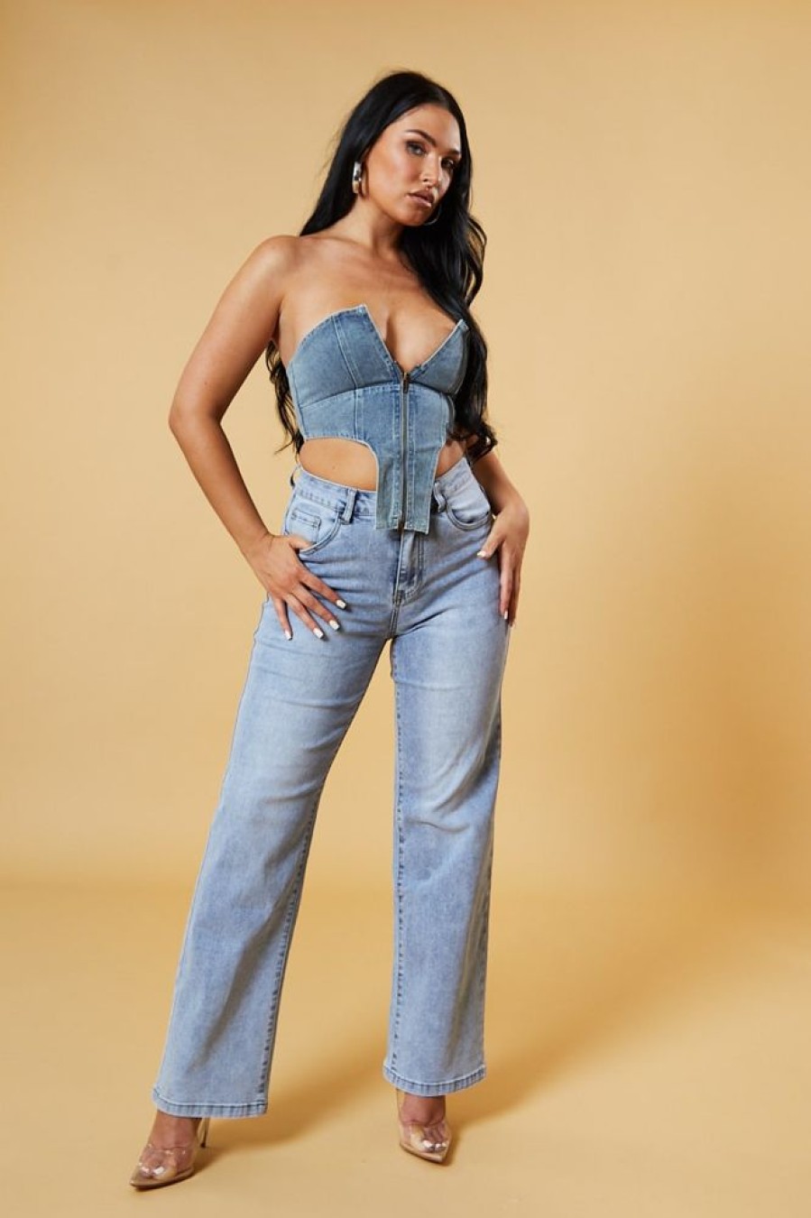 Clothing Rebellious Fashion | Light Blue Denim Zip Front Corset Cropped Top - Dina