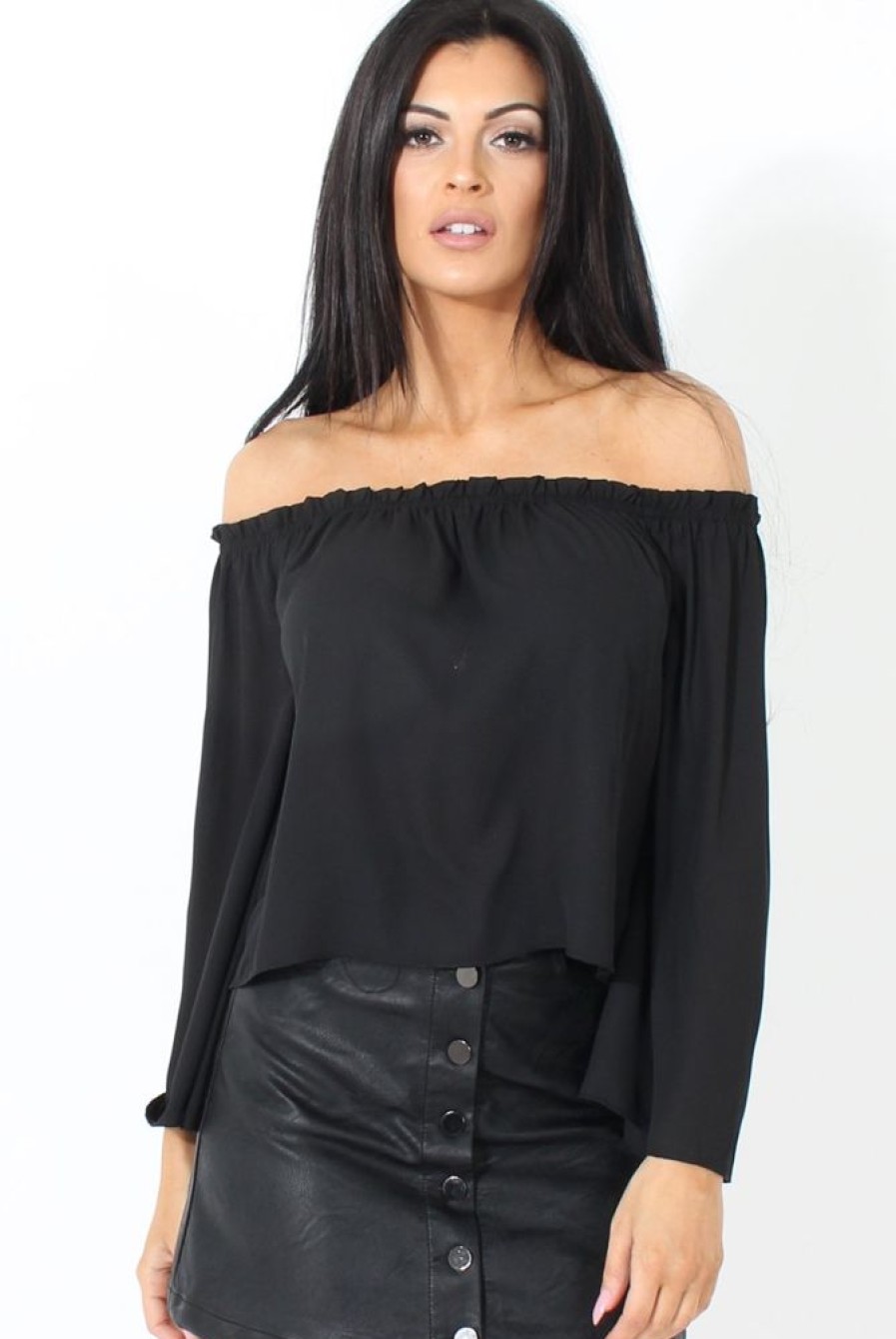 Clothing Rebellious Fashion | Black Bardot Three Quarter Bell Sleeve Crop- Chantelle