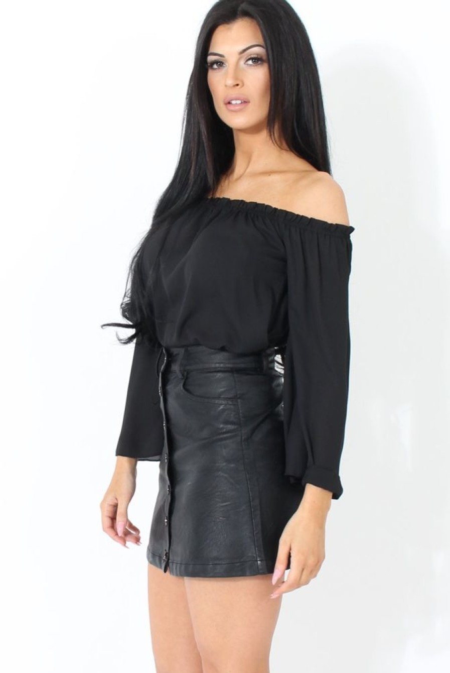 Clothing Rebellious Fashion | Black Bardot Three Quarter Bell Sleeve Crop- Chantelle