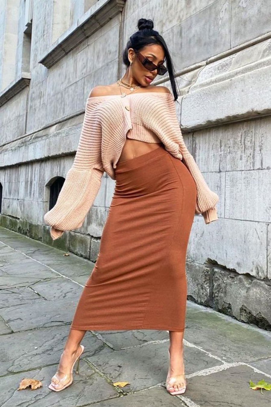 Clothing Rebellious Fashion | Brown Ribbed Midi Skirt - Dixie