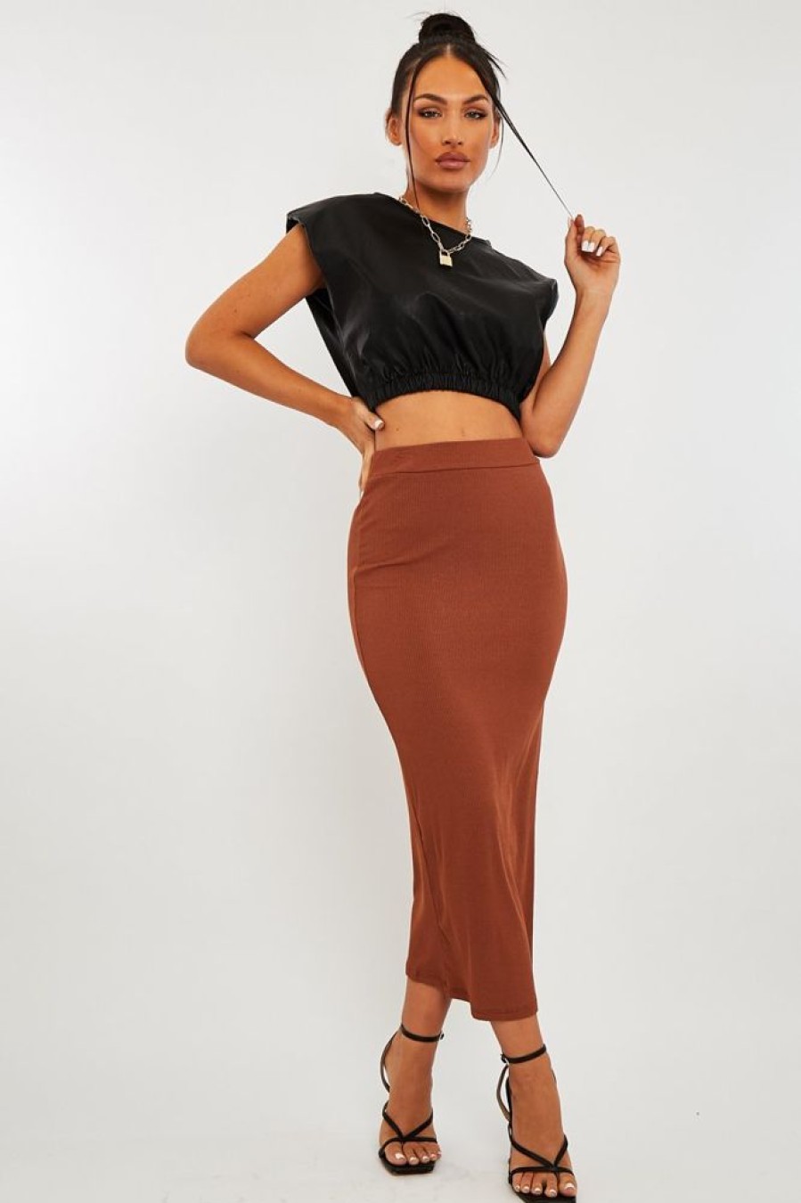 Clothing Rebellious Fashion | Brown Ribbed Midi Skirt - Dixie