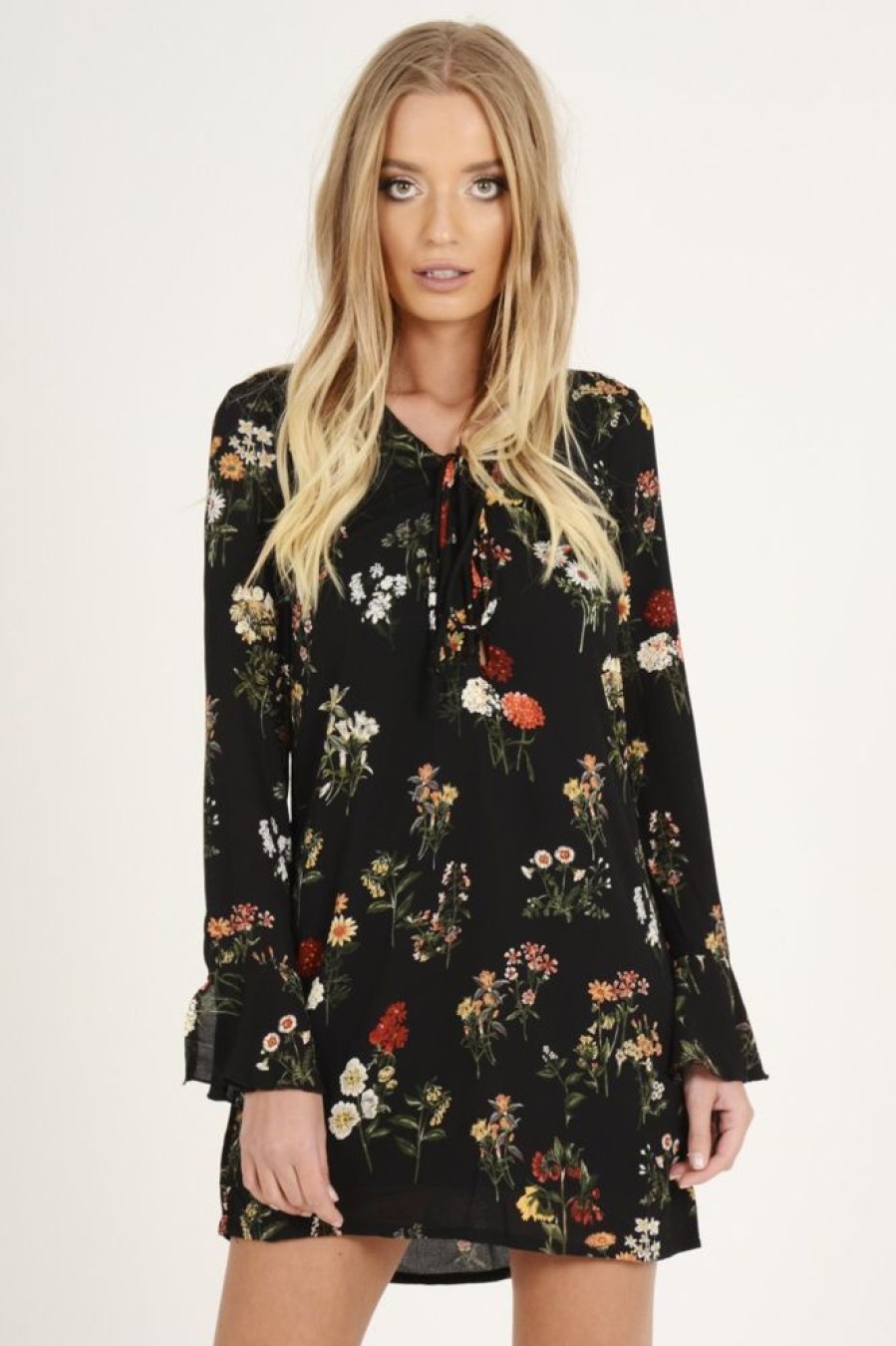 Clothing Rebellious Fashion | Black Floral Flared Sleeve Dress - Aisha