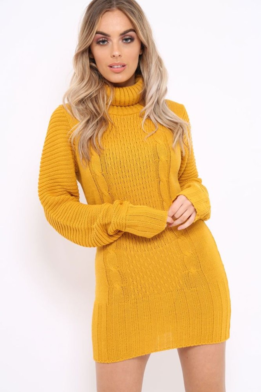 Clothing Rebellious Fashion | Mustard Roll Neck Chunky Knit Jumper Dress - Hydie