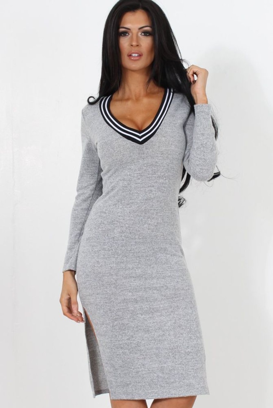 Clothing Rebellious Fashion | Grey V Front Split Midi Dress-Loretta