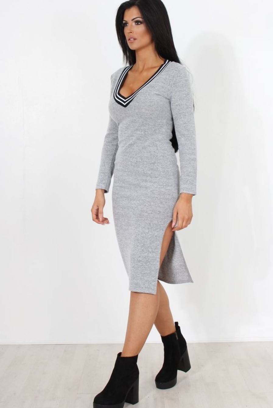 Clothing Rebellious Fashion | Grey V Front Split Midi Dress-Loretta