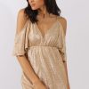 Clothing Rebellious Fashion | Gold Metallic Cold Shoulder Tie Back Dress - Fern