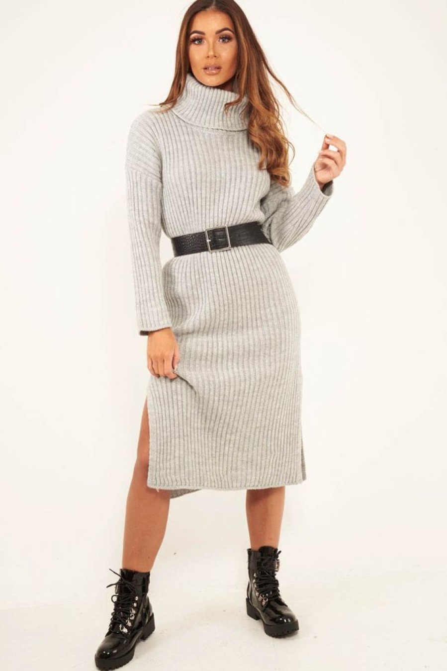 Clothing Rebellious Fashion | Grey Knitted Roll Neck Jumper Dress - Cecily