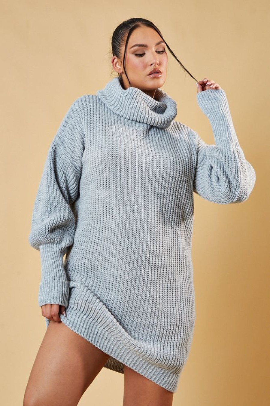 Clothing Rebellious Fashion | Grey Turtle Neck Knit Jumper Dress - Brooke