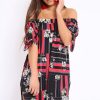 Clothing Rebellious Fashion | Black And Red Floral Bardot Dress - Zhen