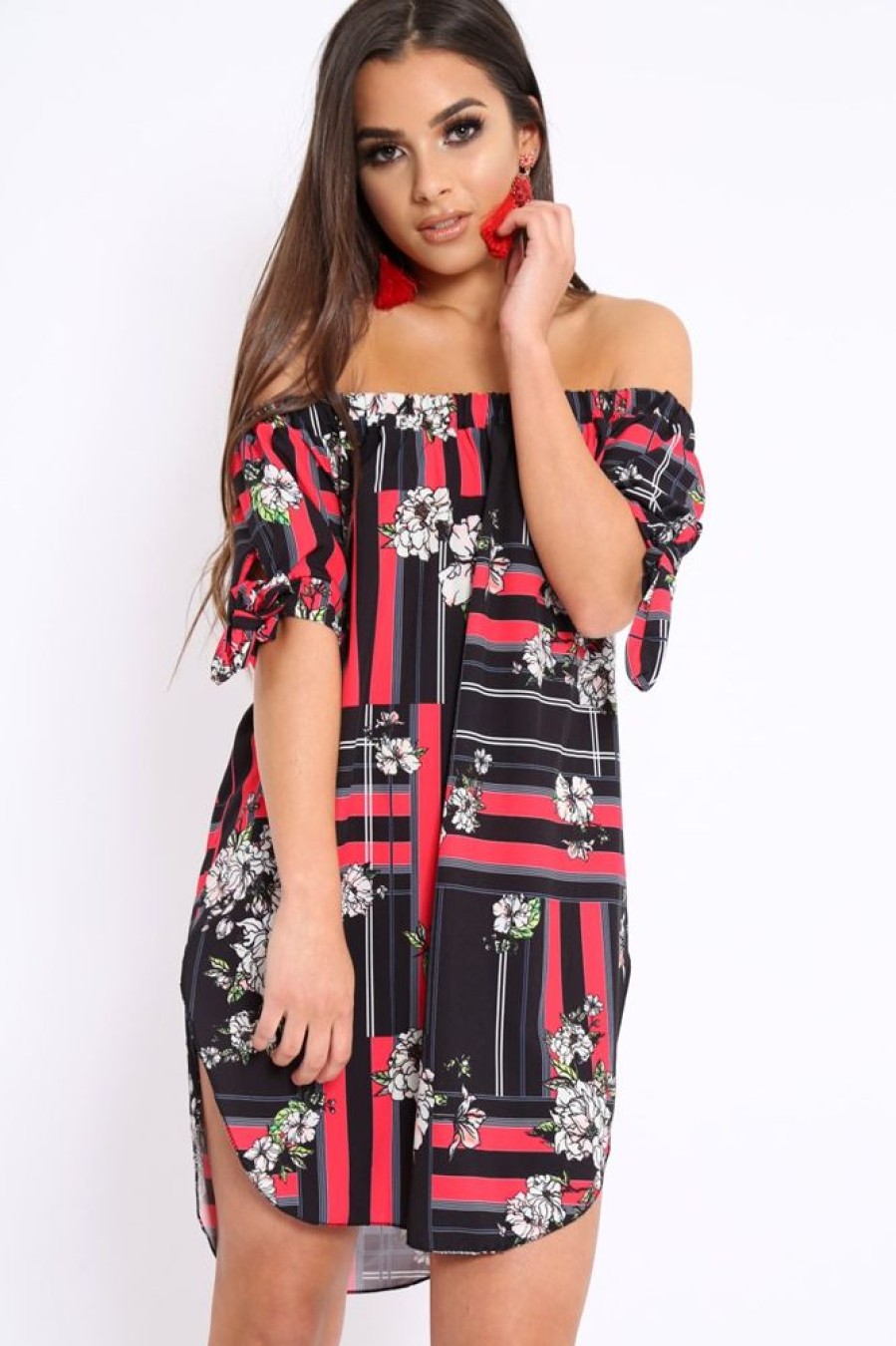 Clothing Rebellious Fashion | Black And Red Floral Bardot Dress - Zhen