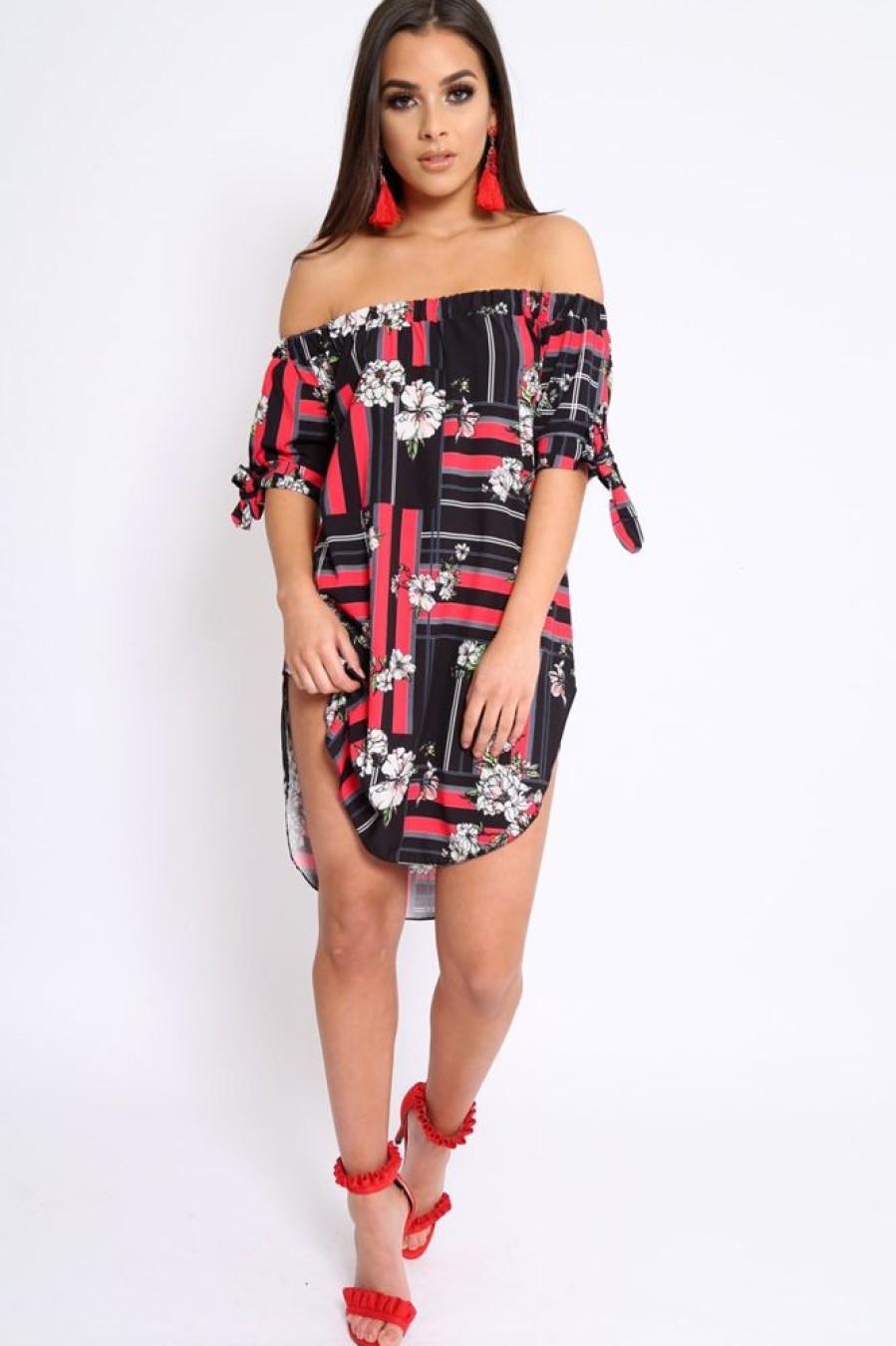 Clothing Rebellious Fashion | Black And Red Floral Bardot Dress - Zhen