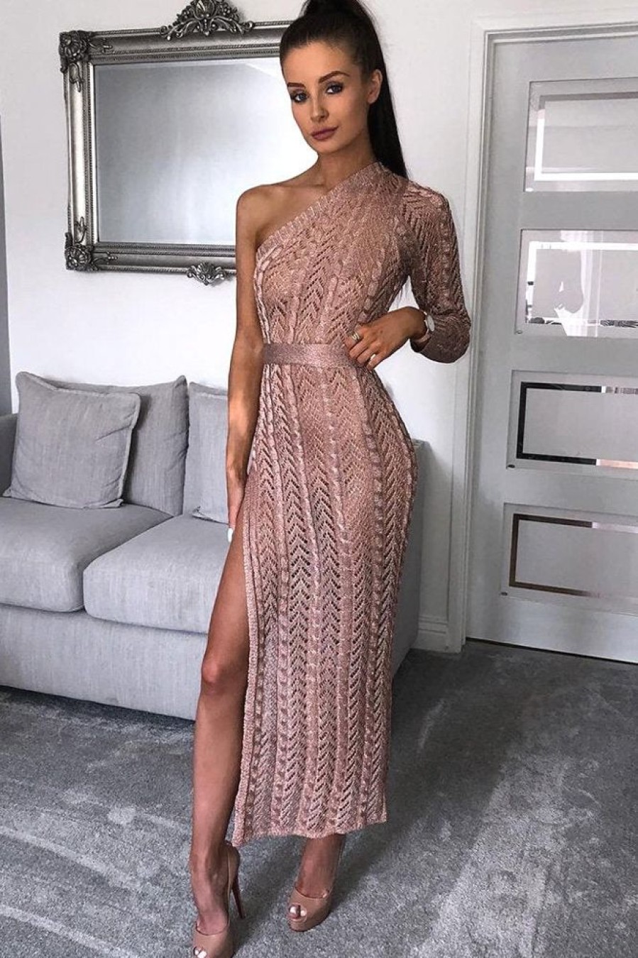 Clothing Rebellious Fashion | Rose Gold Knitted One Shoulder Belted Dress - Kasyn