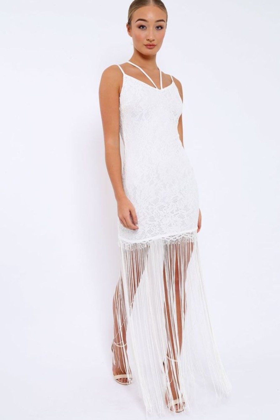 Clothing Rebellious Fashion | White Lace Dress With Long Tassel Hems - Zana