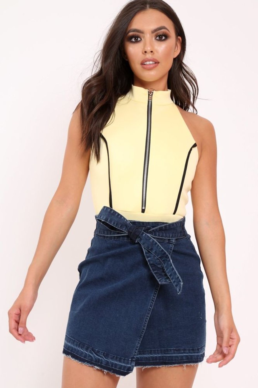 Clothing Rebellious Fashion | Yellow Contrast Zip Front Bodysuit - Odine