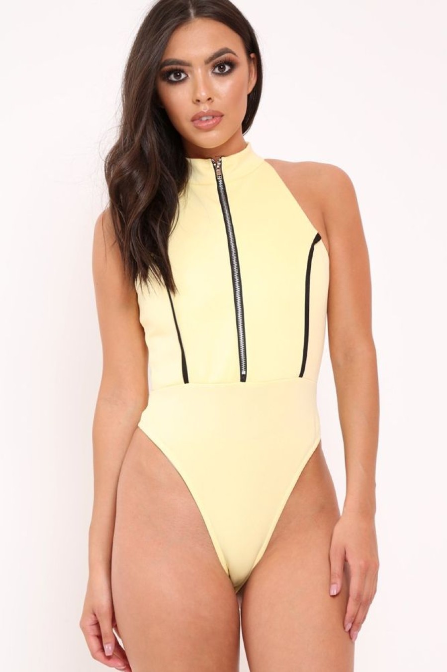 Clothing Rebellious Fashion | Yellow Contrast Zip Front Bodysuit - Odine