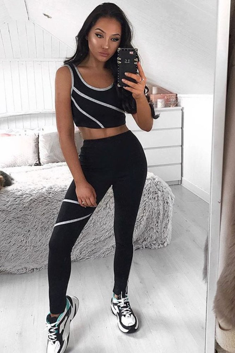 Clothing Rebellious Fashion | Black Grey Crop Top Leggings Activewear Co-Ord - Kaelin