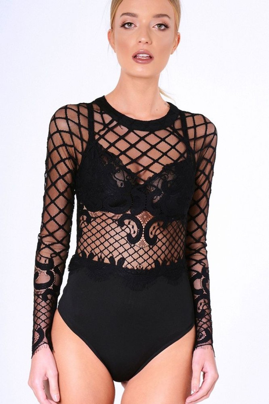 Clothing Rebellious Fashion | Black Lace Long Sleeve Bodysuit - Kirsty