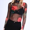 Clothing Rebellious Fashion | Black Rose Print Sheer Mesh Long Sleeve Bodysuit - Maddie