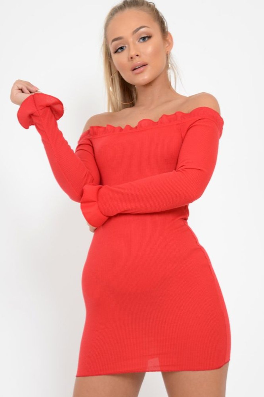 Clothing Rebellious Fashion | Red Ribbed Ruffle Long Sleeve Bardot Dress - Madison