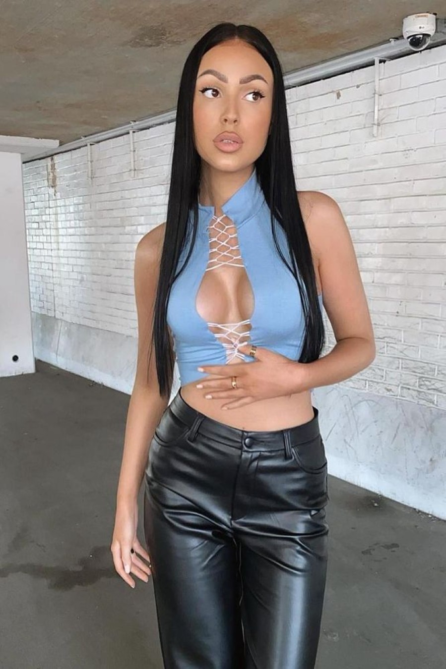 Clothing Rebellious Fashion | Blue High Neck Lace Up Detail Sleeveless Crop Top - Jeniya