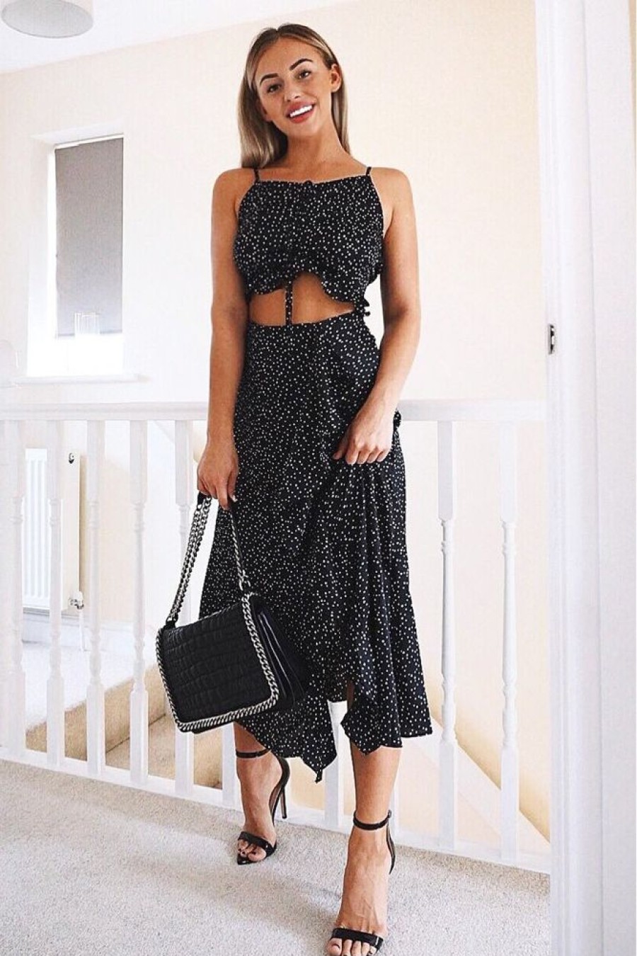 Clothing Rebellious Fashion | Black Polka Dot Cami Frill Crop Top And Frill Midi Skirt - Jannie