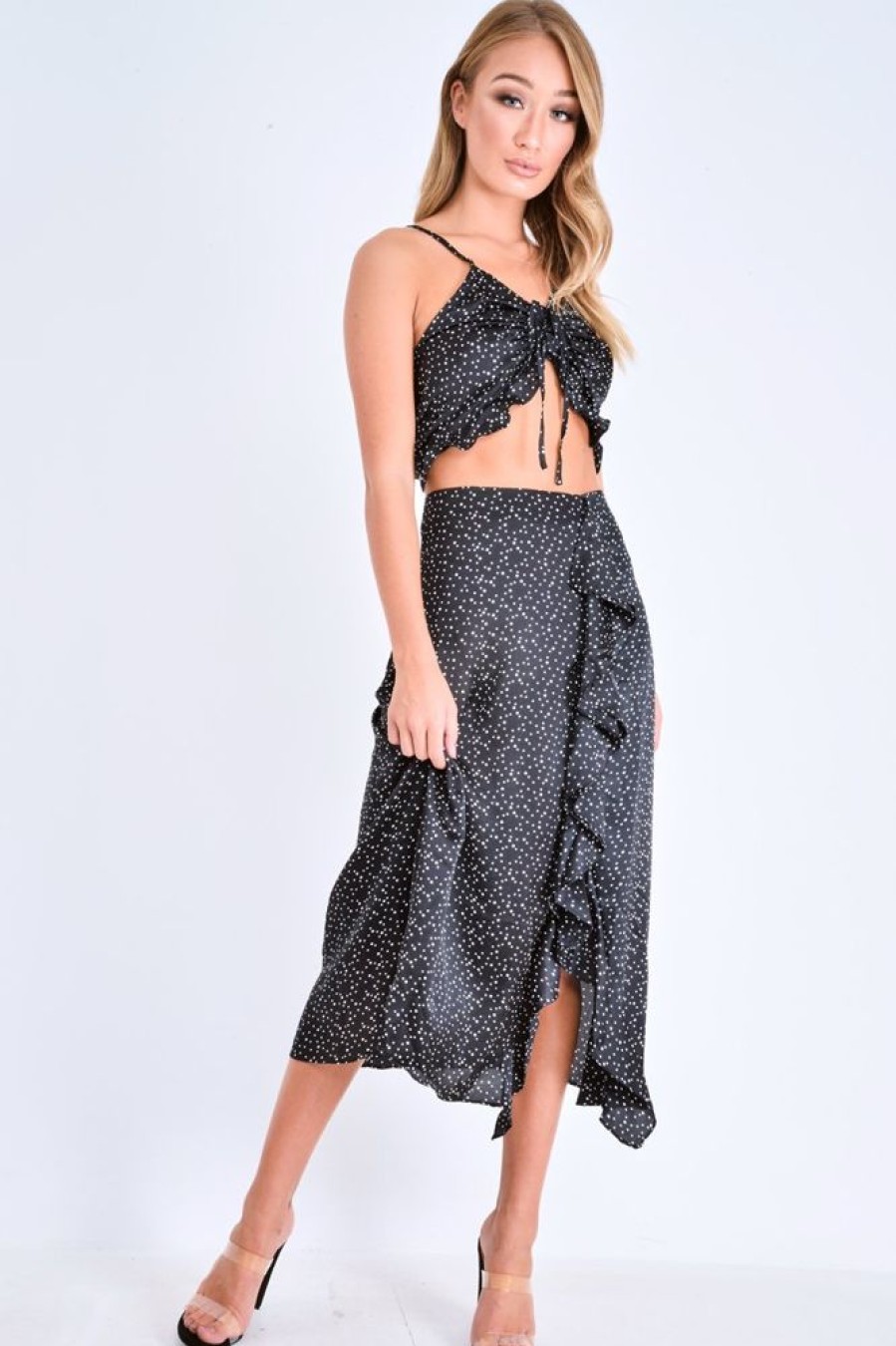 Clothing Rebellious Fashion | Black Polka Dot Cami Frill Crop Top And Frill Midi Skirt - Jannie