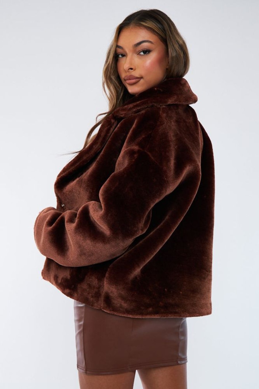 Clothing Rebellious Fashion | Brown Cropped Faux Fur Coat - Janara