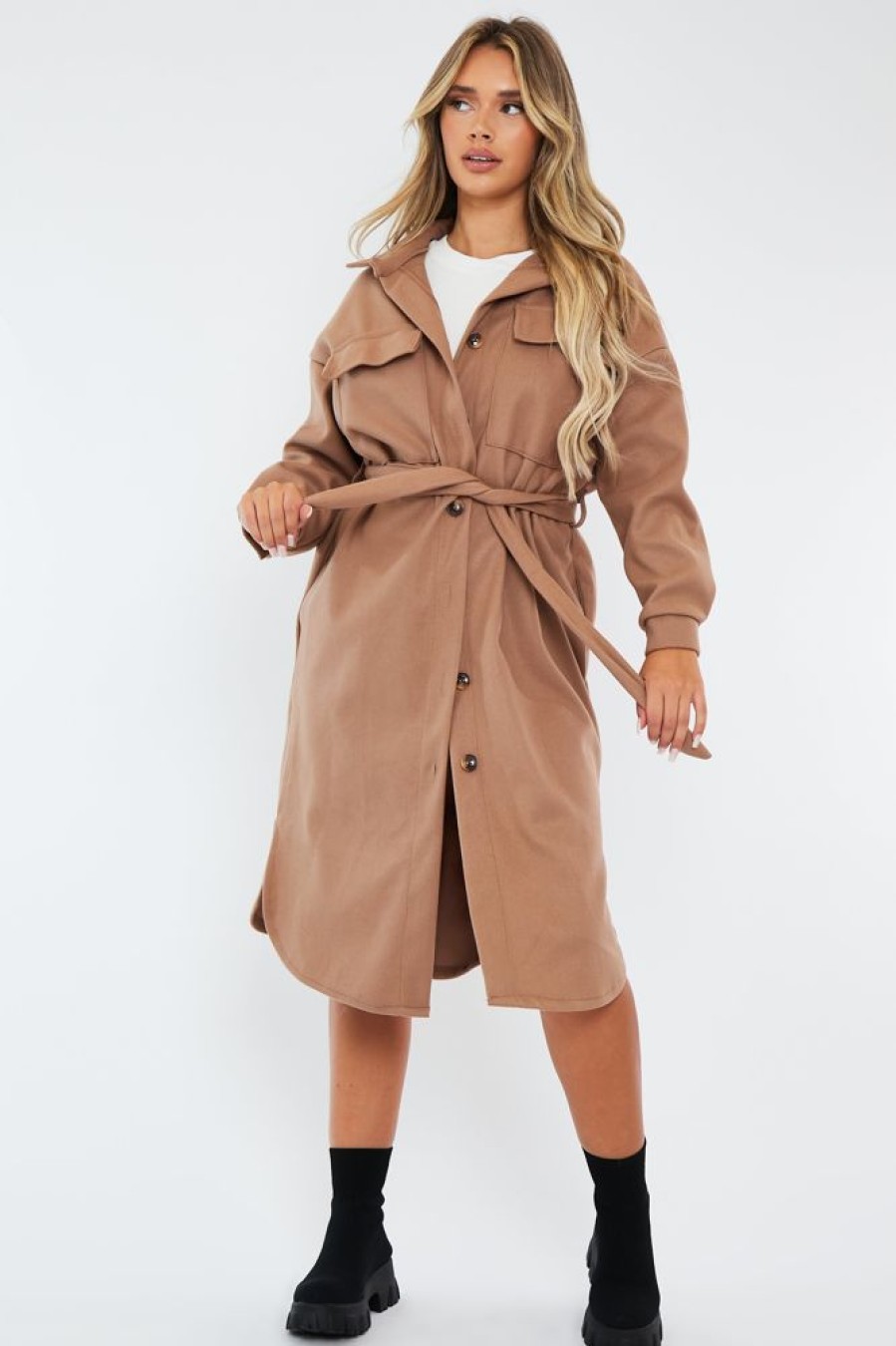 Clothing Rebellious Fashion | Camel Longline Belted Pocket Front Shacket - Henslee